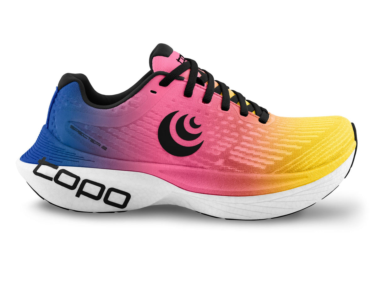 Women's Topo Specter 2. Rainbow upper. White midsole. Lateral view.