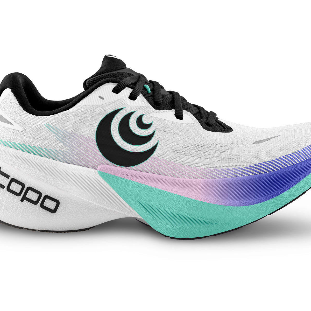 Women's Topo Specter 3. White upper. White/Teal midsole. Lateral view.