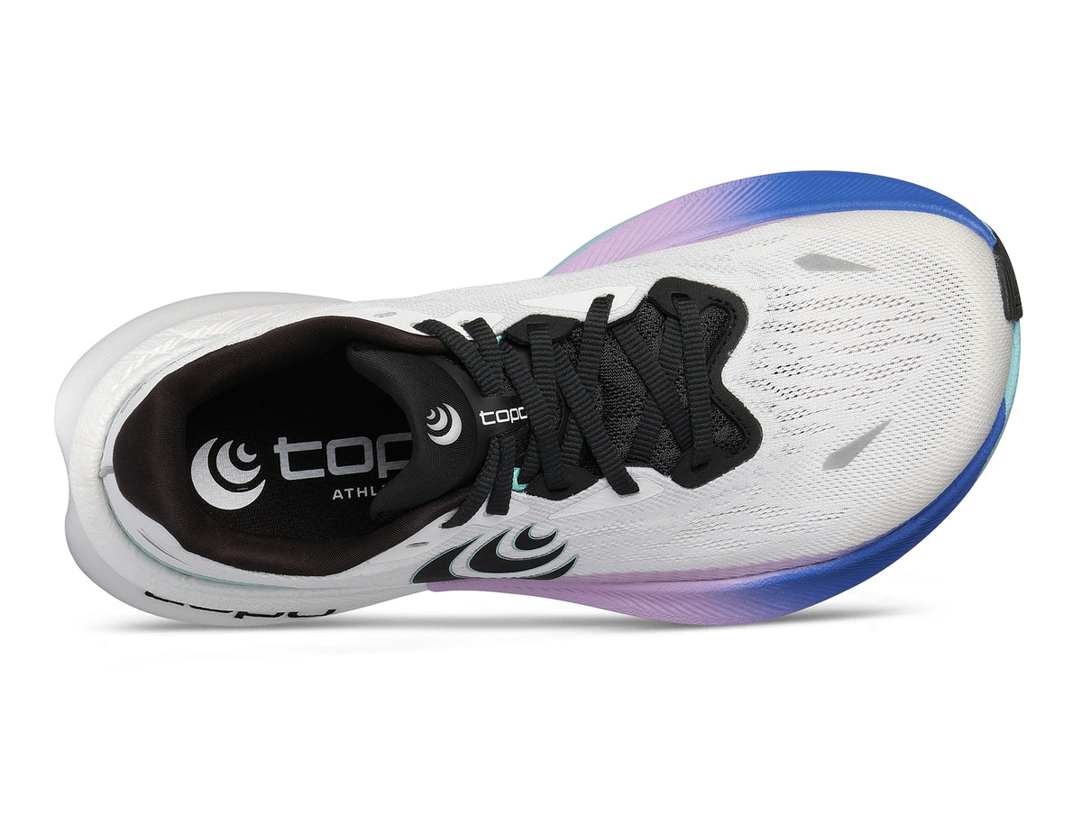 Women's Topo Specter 3. White upper. White/Teal midsole. Top view.