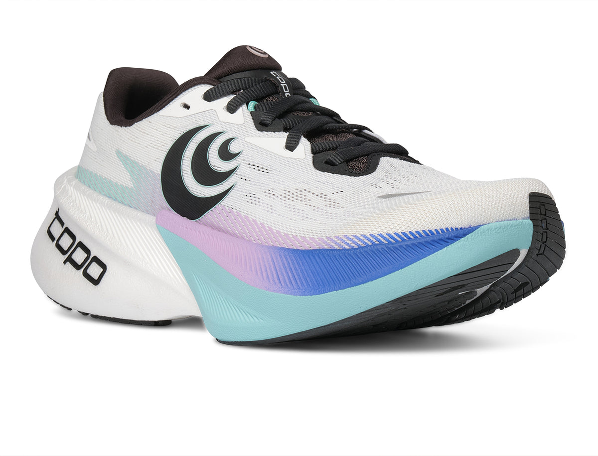 Women's Topo Specter 3. White upper. White/Teal midsole. Lateral view.