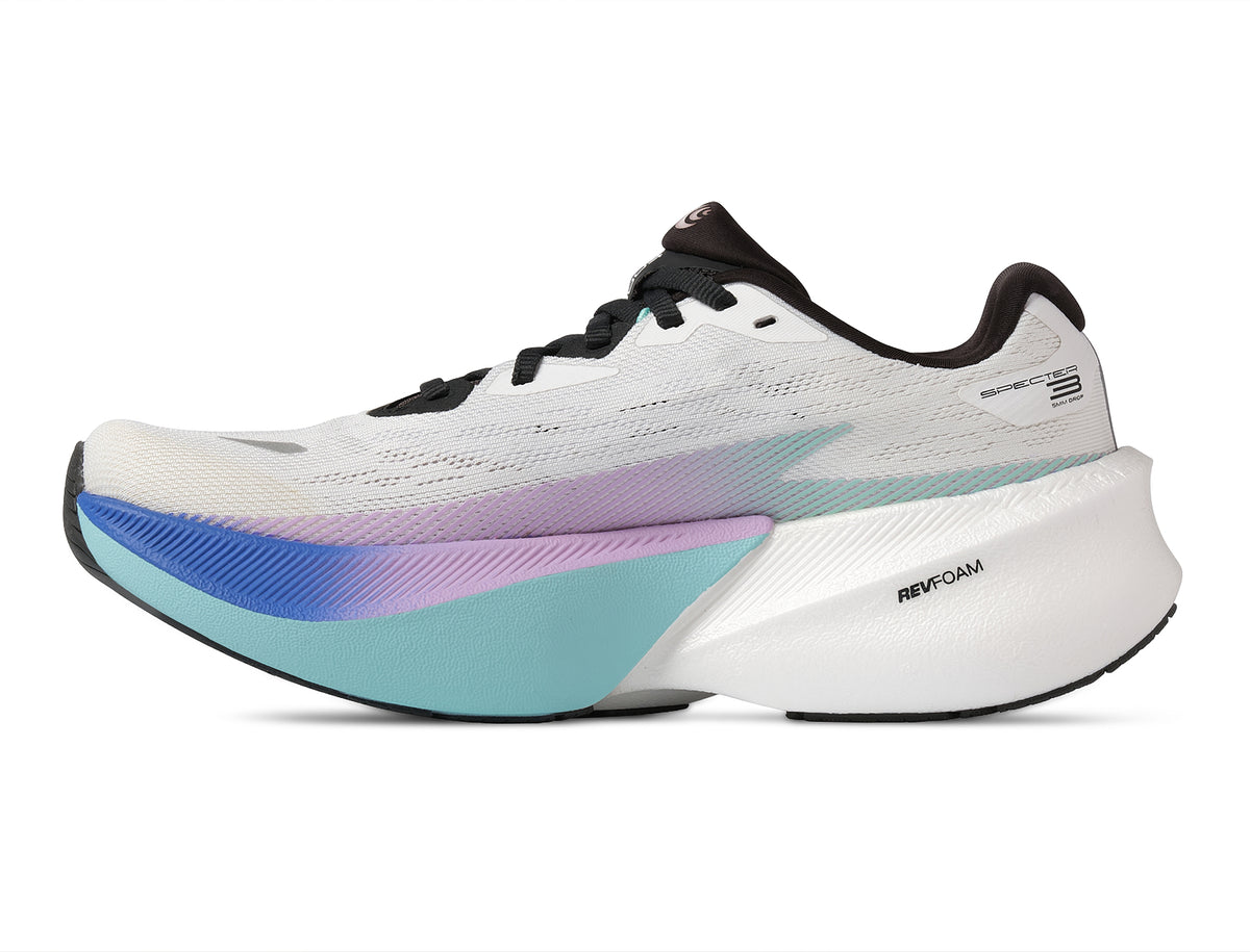 Women's Topo Specter 3. White upper. White/Teal midsole. Medial view.