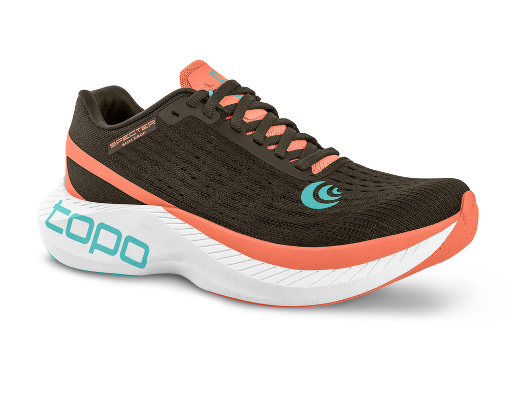 Women's Topo Athletic Specter. Brown upper. White midsole. Lateral view.