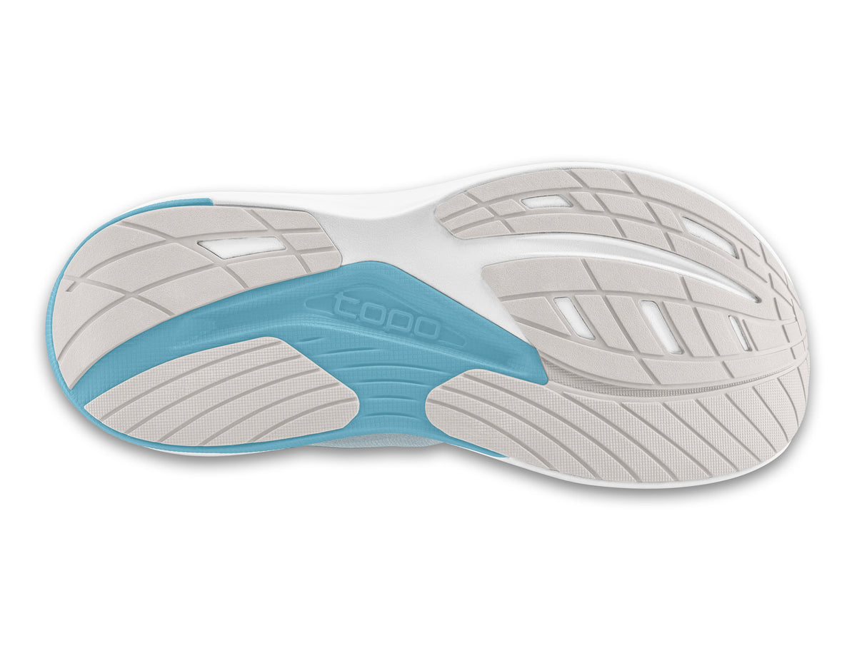 Women's Topo Ultrafly 6. Grey upper. White midsole. Bottom view.
