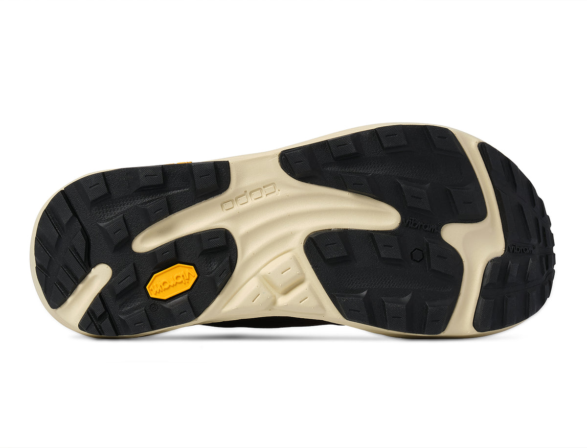 Women's Topo Ultraventure 5. Maroon upper. Tan midsole. Bottom view.
