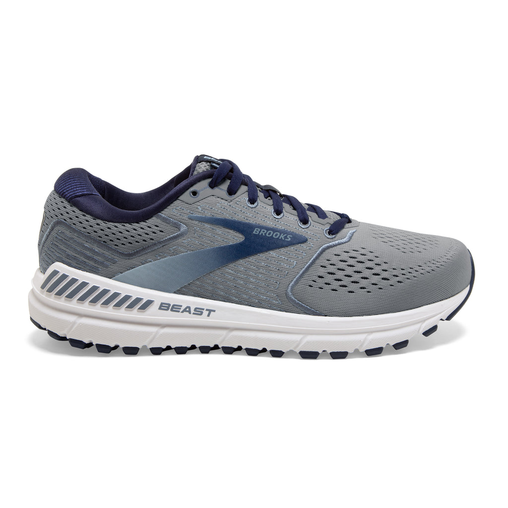 Men's Brooks Beast 20. Grey upper. White midsole. Lateral view.