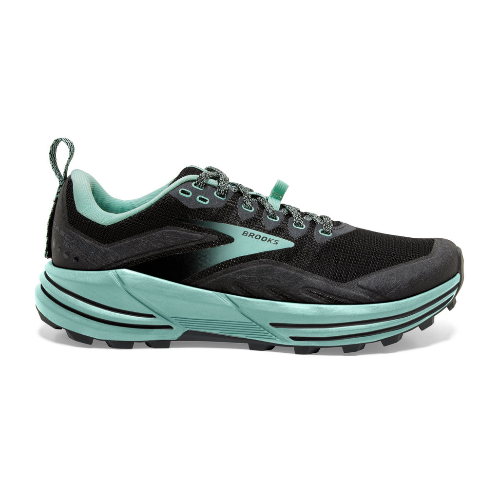 Women's Brooks Cascadia 16. Black upper. Grey midsole. Lateral view.