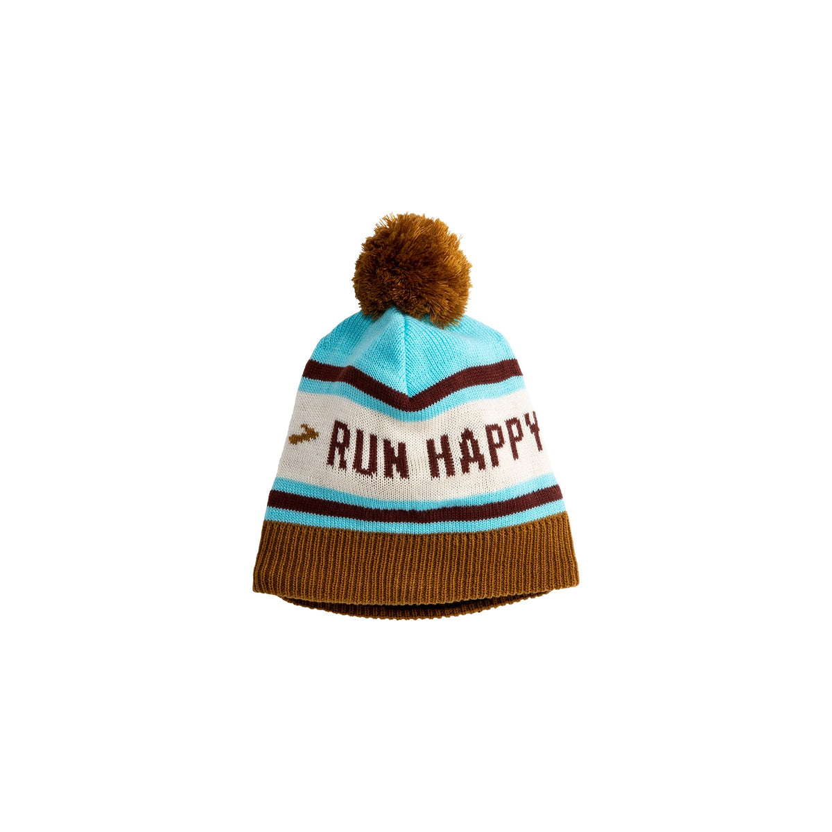 Unisex Brooks Pom Beanie. Brown/Blue. Front view.