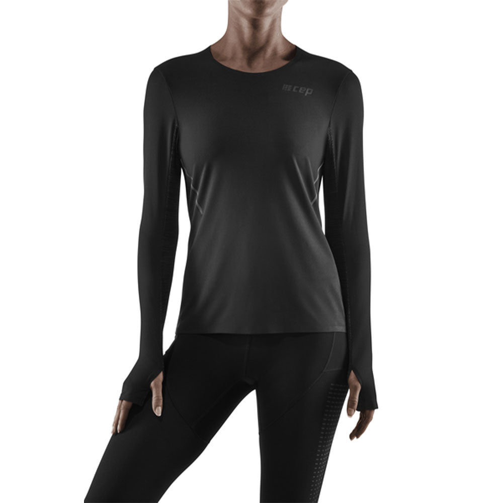 Women's CEP Run Long Sleeve Shirt. Black. Front view.