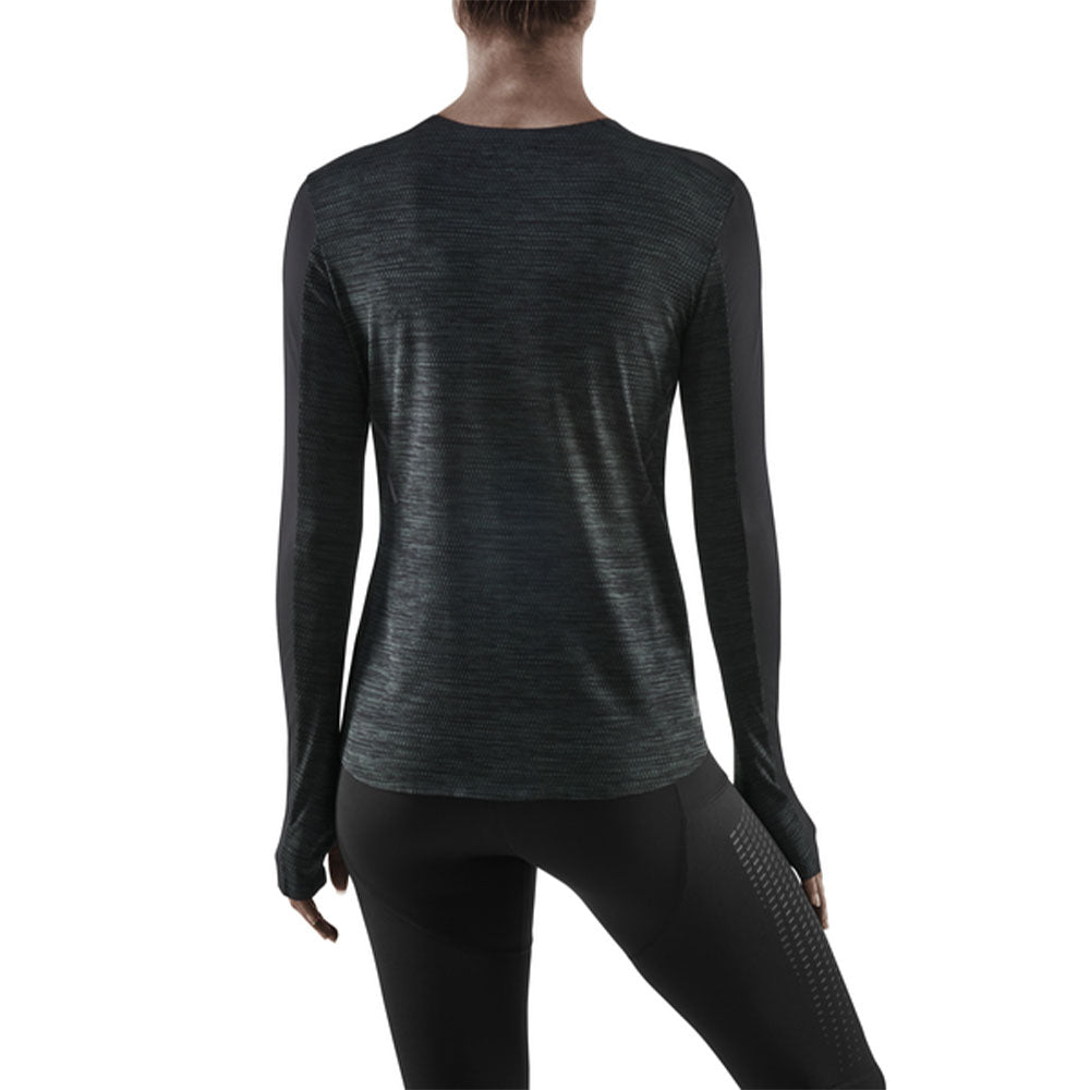 Women's CEP Run Long Sleeve Shirt. Black. Rear view.