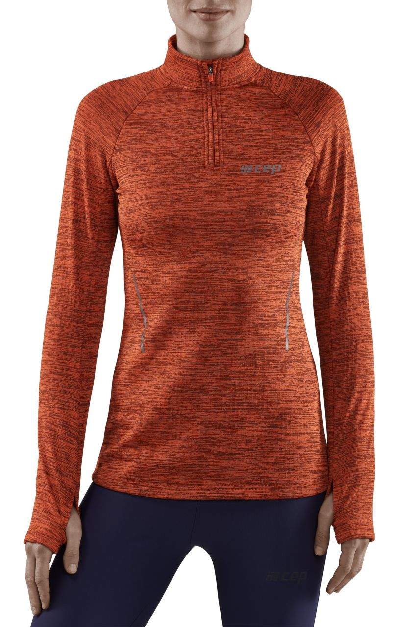 Women's CEP Winter Quarter Zip Pullover. Orange. Front view.
