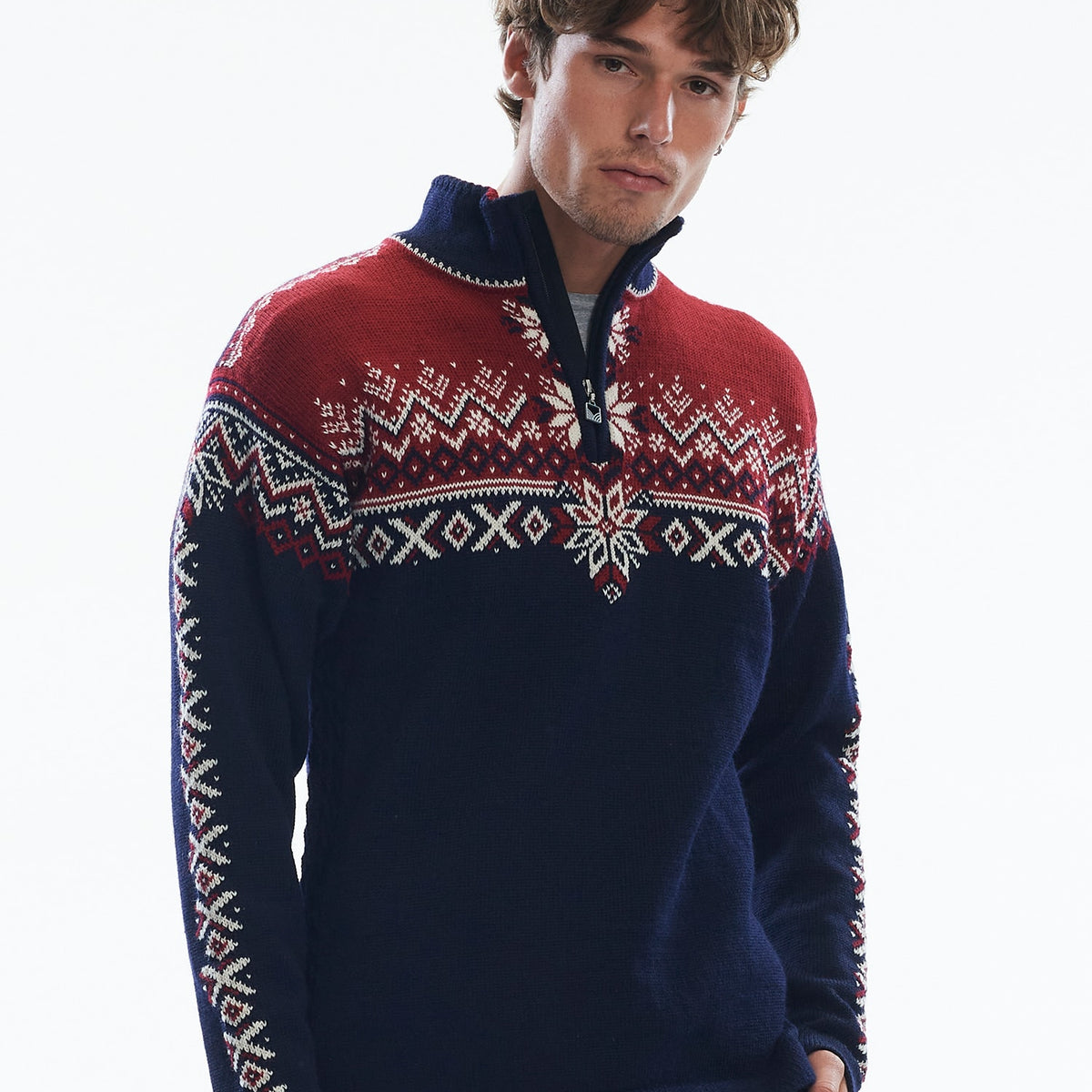 Dale of Norway 140th Anniversary Sweater, men’s, Navy/Red Rose/Off White – front on model