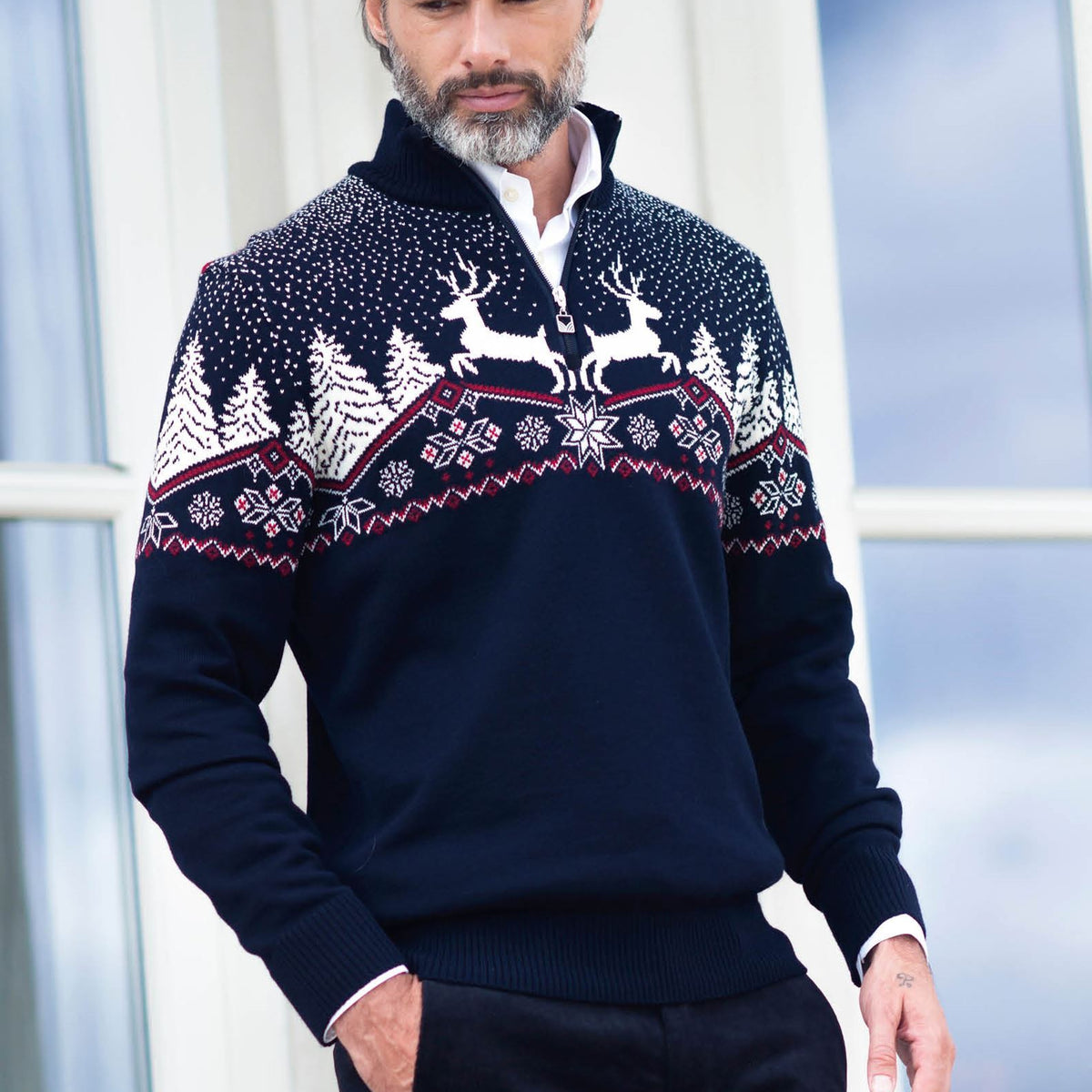 Dale of Norway Christmas Sweater, men’s, Navy/Off White/Raspberry – front on model