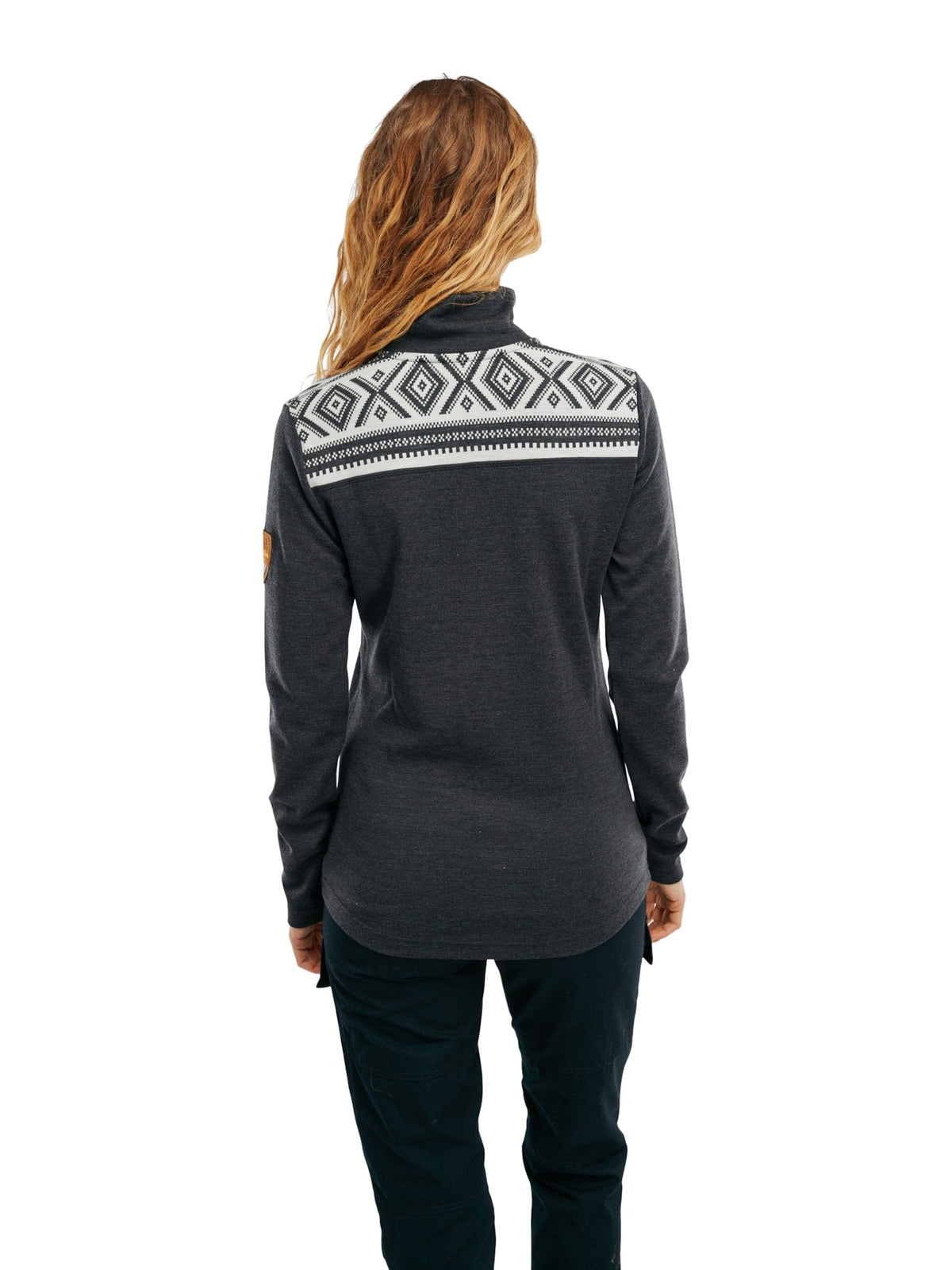 Back worn view of the Cortina women's base layer in Dark Charcoal/Off White
