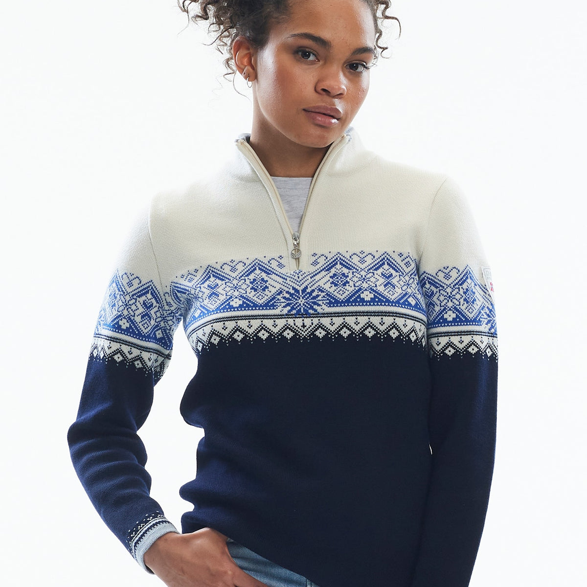 Dale of Norway Moritz Sweater, women’s, Navy/White/Ultramarine – front on model