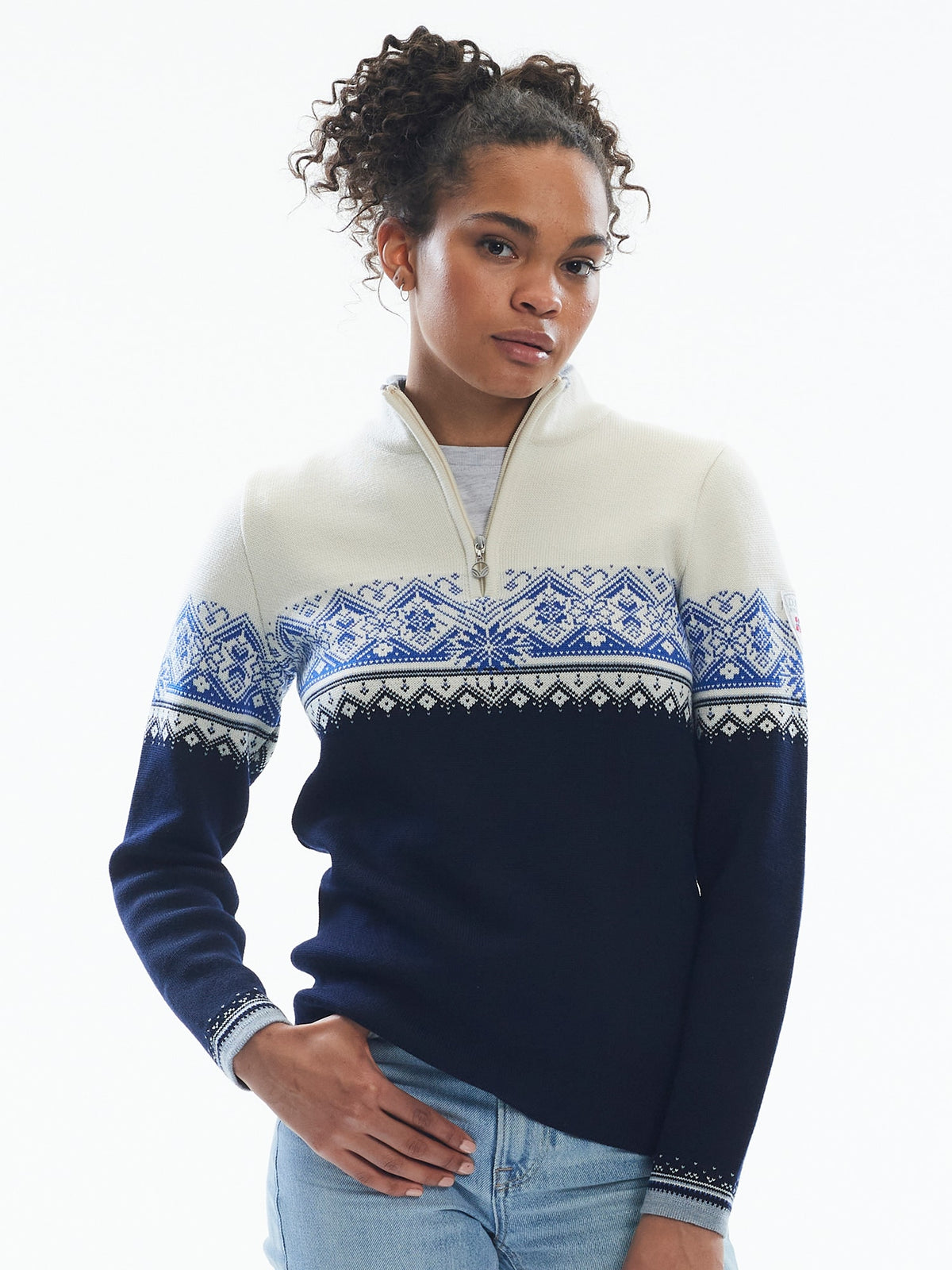 Dale of Norway Moritz Sweater, women’s, Navy/White/Ultramarine – front on model