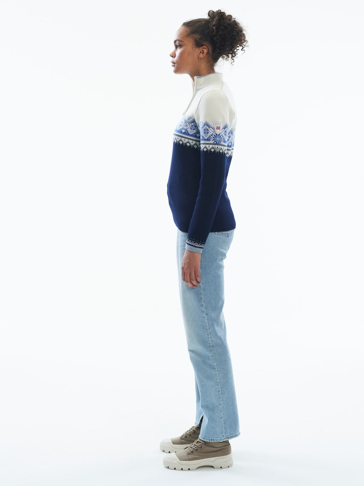 Dale of Norway Moritz Sweater, women’s, Navy/White/Ultramarine – side on model