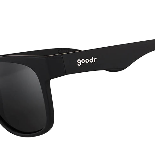 Goodr Sunglasses. BFG. Black frames. Black lenses. Front/Lateral view.