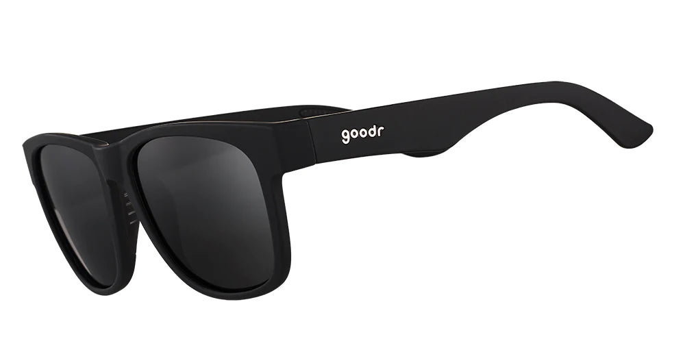 Goodr Sunglasses. BFG. Black frames. Black lenses. Front/Lateral view.