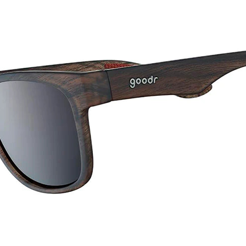 Goodr Sunglasses. BFG. Woodgrain Frames. Black Lenses. Front/Lateral view.
