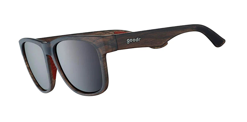 Goodr Sunglasses. BFG. Woodgrain Frames. Black Lenses. Front/Lateral view.