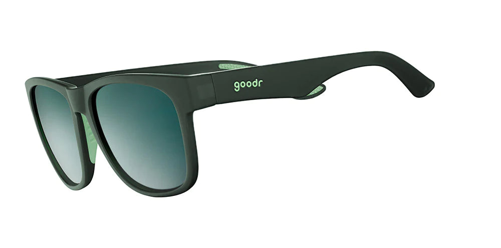 Goodr Sunglasses. BFG. Black frames. Green lenses. Front/Lateral view.