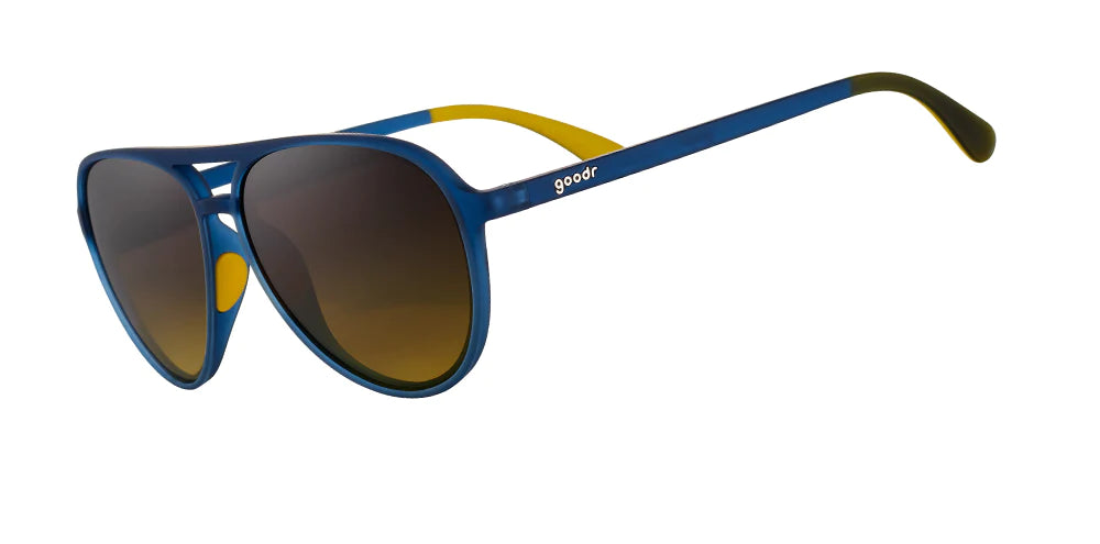 goodr mach g sunglasses. Blue. Front/Lateral view.