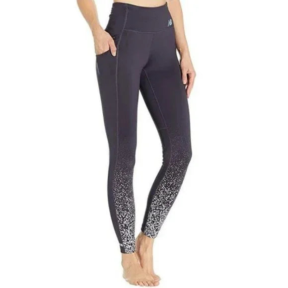 Womens New Balance Impact Tights. Purple/Gray. Front view.
