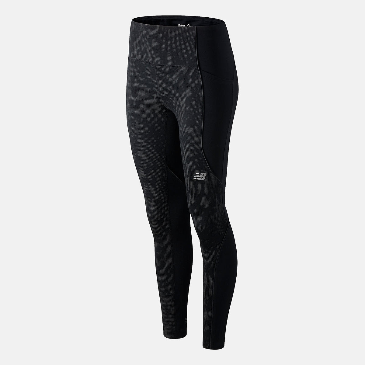 Women's New Balance Impact Run Tights. Black. Front/Lateral view.