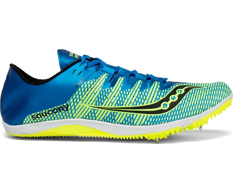 Men's Saucony Endorphin 2 Spikes. Blue/Green upper. Lateral view.