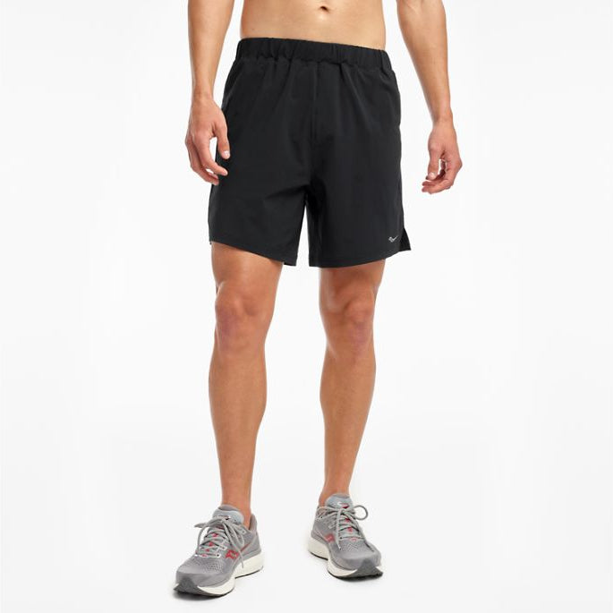 Men's Saucony Outpace Shorts. Black. Front view.