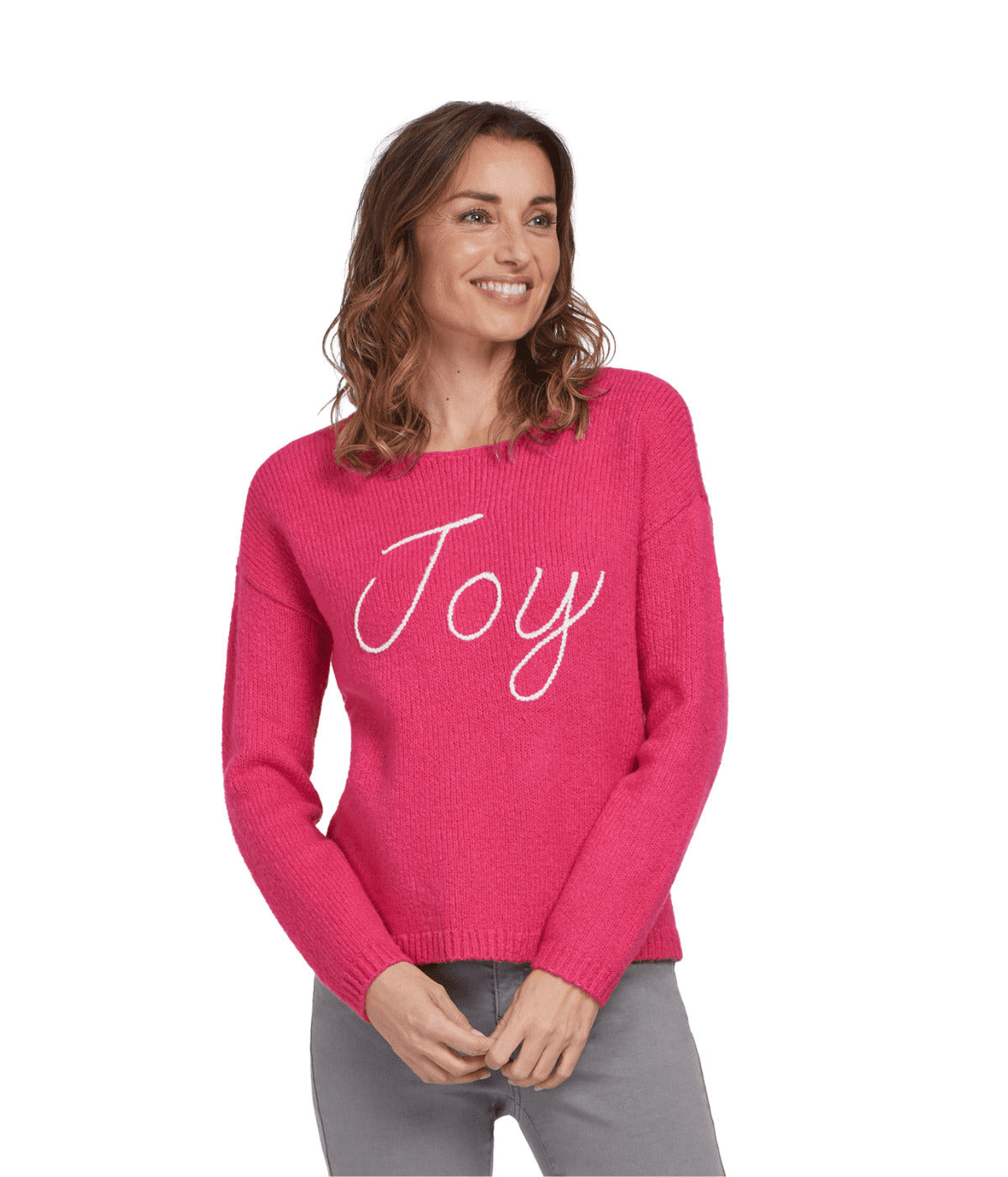 Tribal women's Joy Intarsia Sweater in Hot Pink, front view with white Joy script.