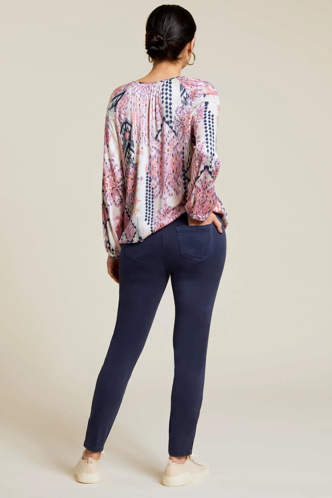 Tribal women's Printed Lace-Insert Blouse in Blossom, back outfit view showing the all-over print.