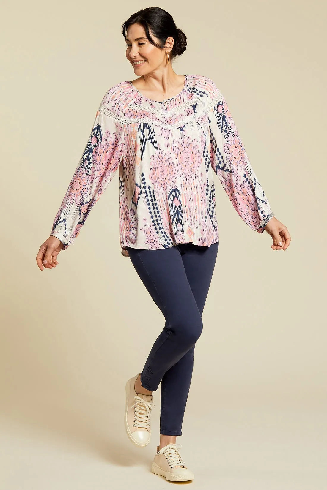 Tribal women's Printed Lace-Insert Blouse in Blossom, full outfit view showing the flowy fit.