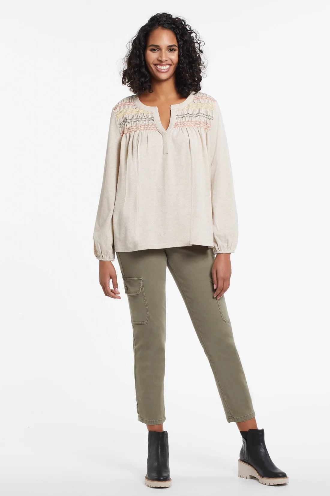 Tribal women's Smocked Henley Top in Oatmeal, front view showing the flowy fit and gathered cuffs.