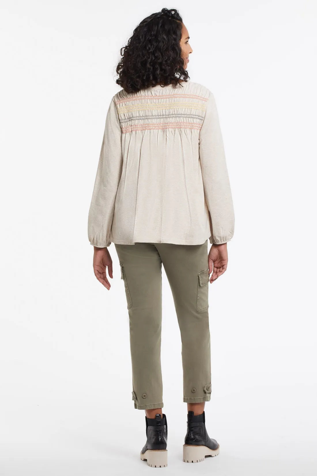 Tribal women's Smocked Henley Top in Oatmeal, back view showing smocking across the yoke.