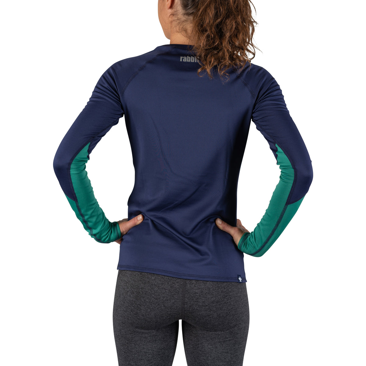 Women's rabbit Long Sleeve. Blue/Green. Rear view.