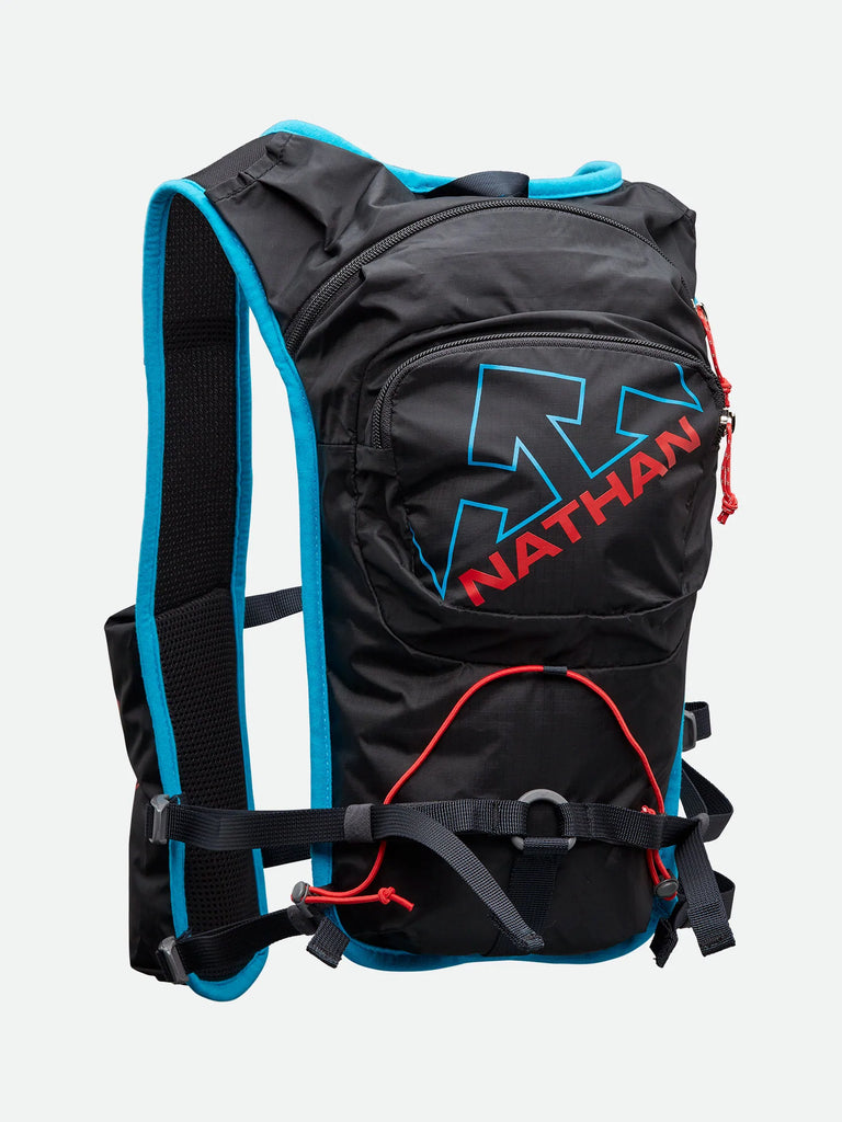 Nathan Quickstart Plus 6 liter race hydration pack for hiking and running in black, blue, and red