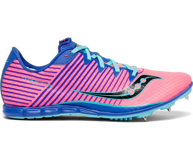 Women's Saucony Vendetta 2. Pink/Blue upper. Lateral view.