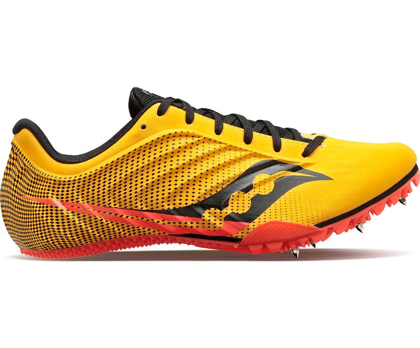 Men's Saucony Spitfire 5. Yellow upper. Lateral view.