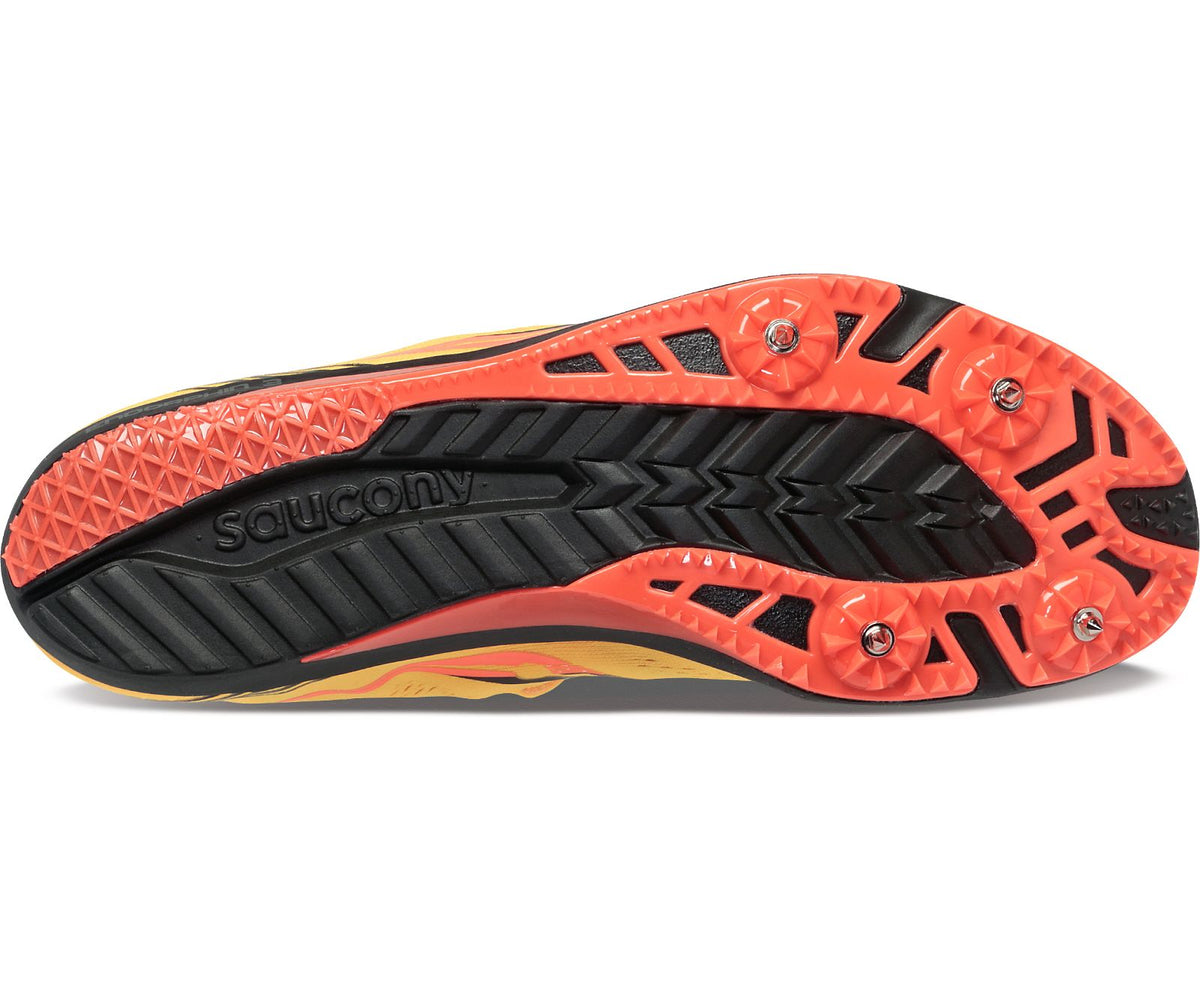 Men's Saucony Endorphin 3. Yellow upper. Black midsole. Bottom view.