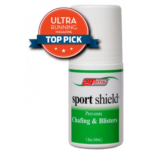 A 1.5 oz bottle of 2Toms sport shield with a banner that says "ultra running magazine's top pick"