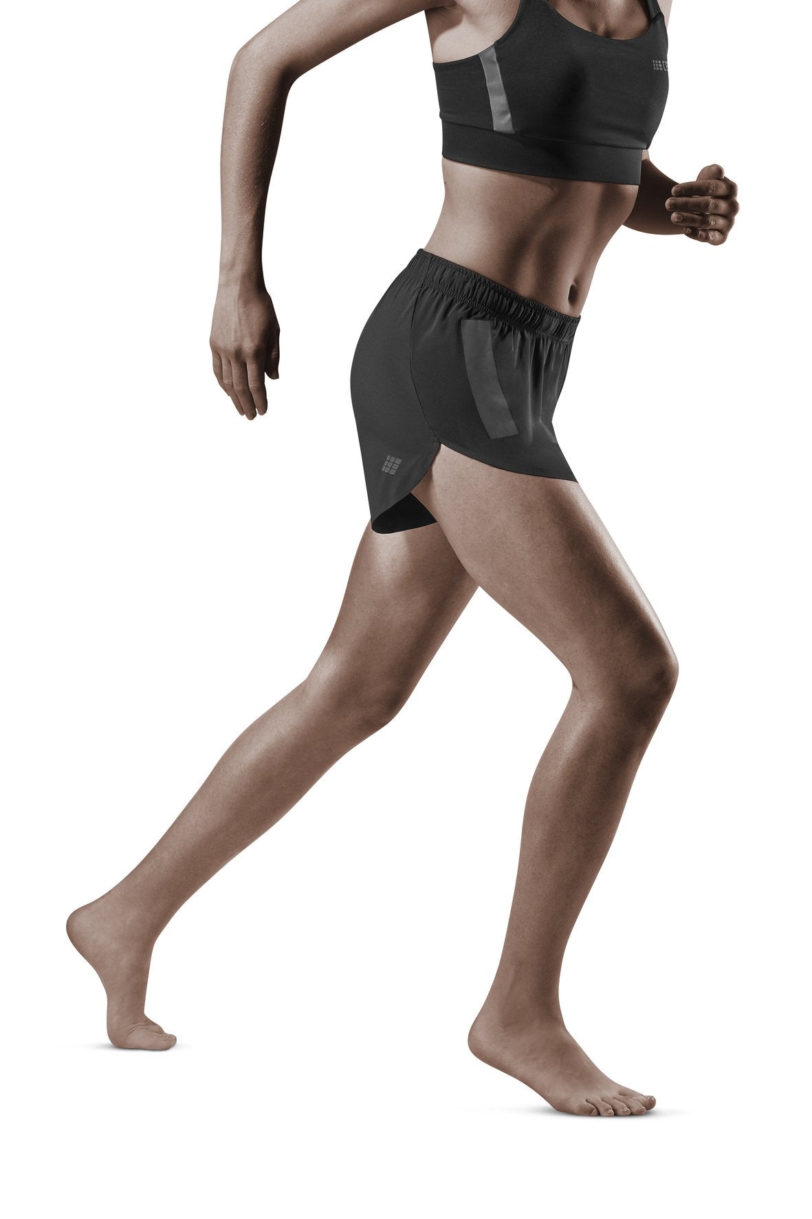Women's CEP Race Loose Fit Shorts. Black. Lateral view.