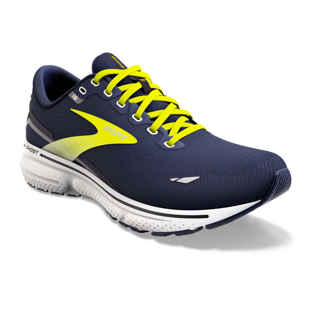 Men's Brooks Ghost 15. Navy upper. White midsole. Lateral view.