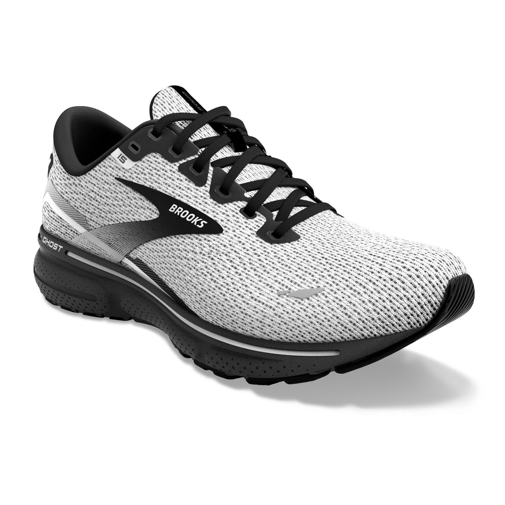 Men's Brooks Ghost 15. White upper. Black midsole. Lateral view.