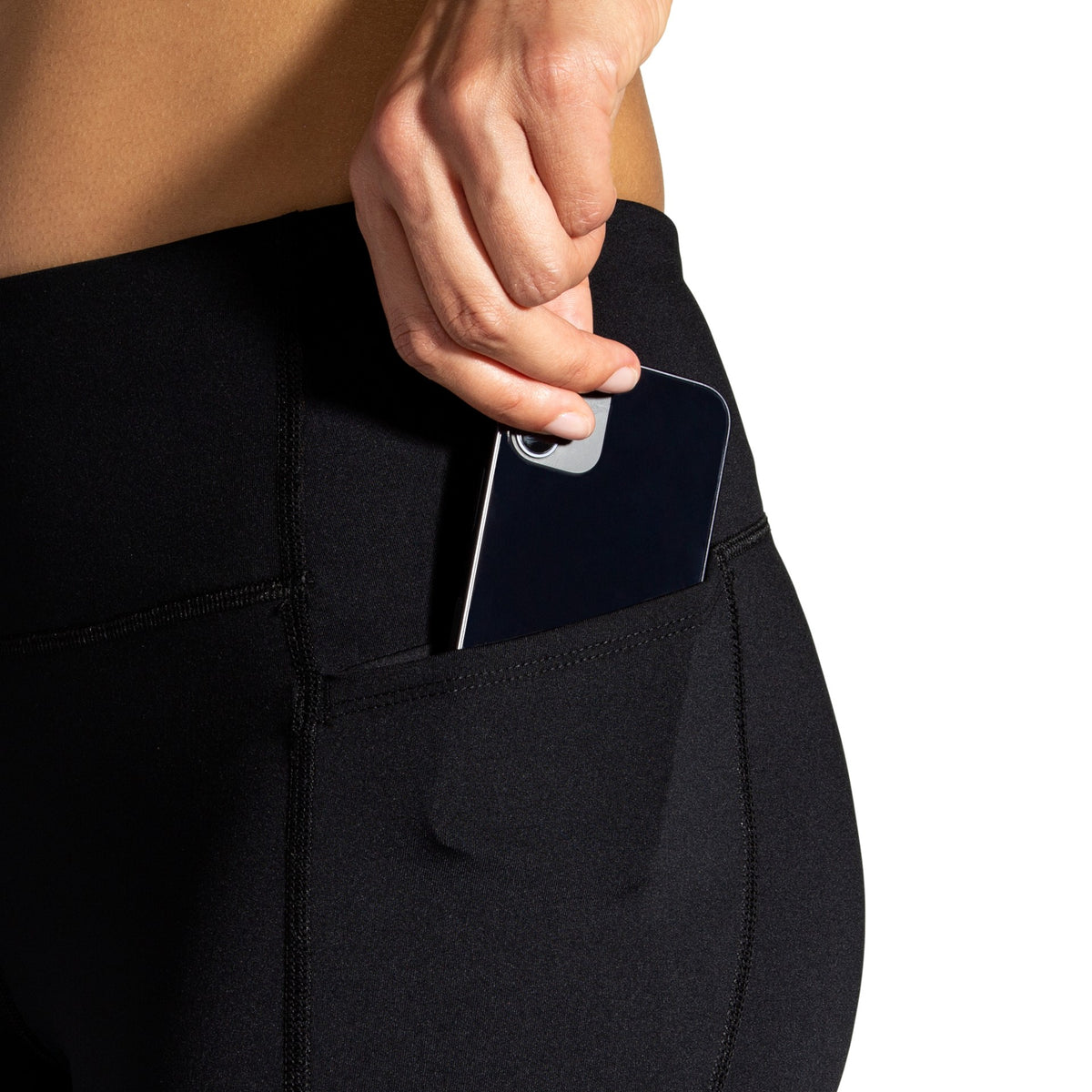 Women's Brooks Moment 5" Short Tights. Black. Pocket closeup.
