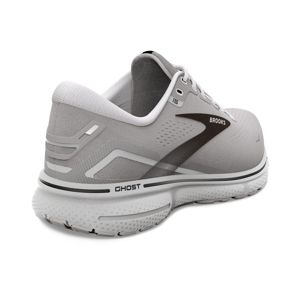 Men's Brooks Ghost 15. Grey upper. Grey midsole. Rear/Lateral view.