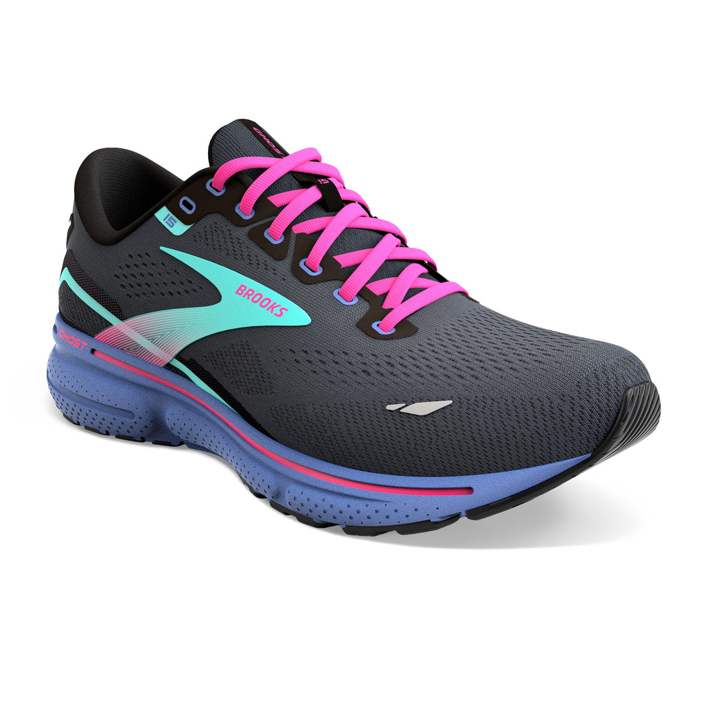 Women's Brooks Ghost 15. Black upper. Blue midsole. Lateral view.