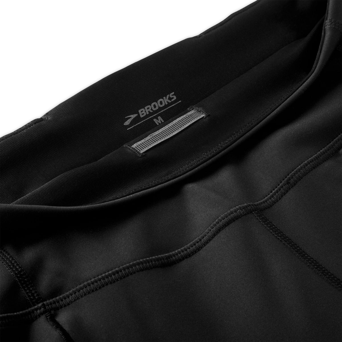 Women's Brooks Method 3/4 Tights. Black. Waistband closeup.