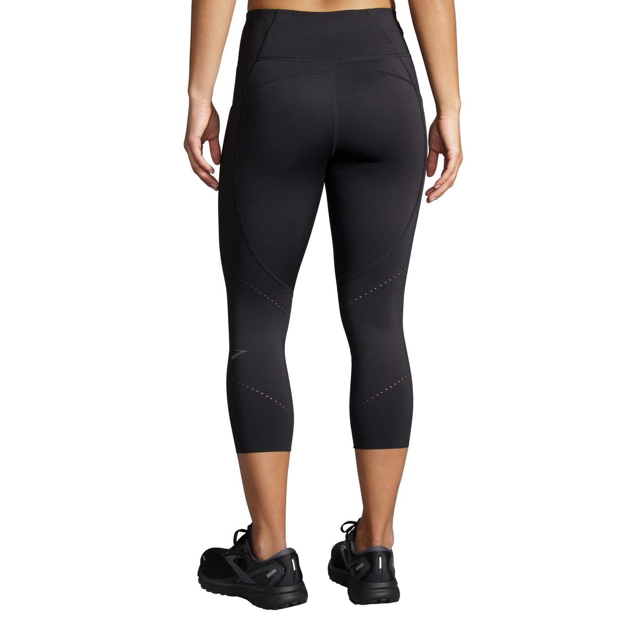 Women's Brooks Method 3/4 Tights. Black. Rear view.