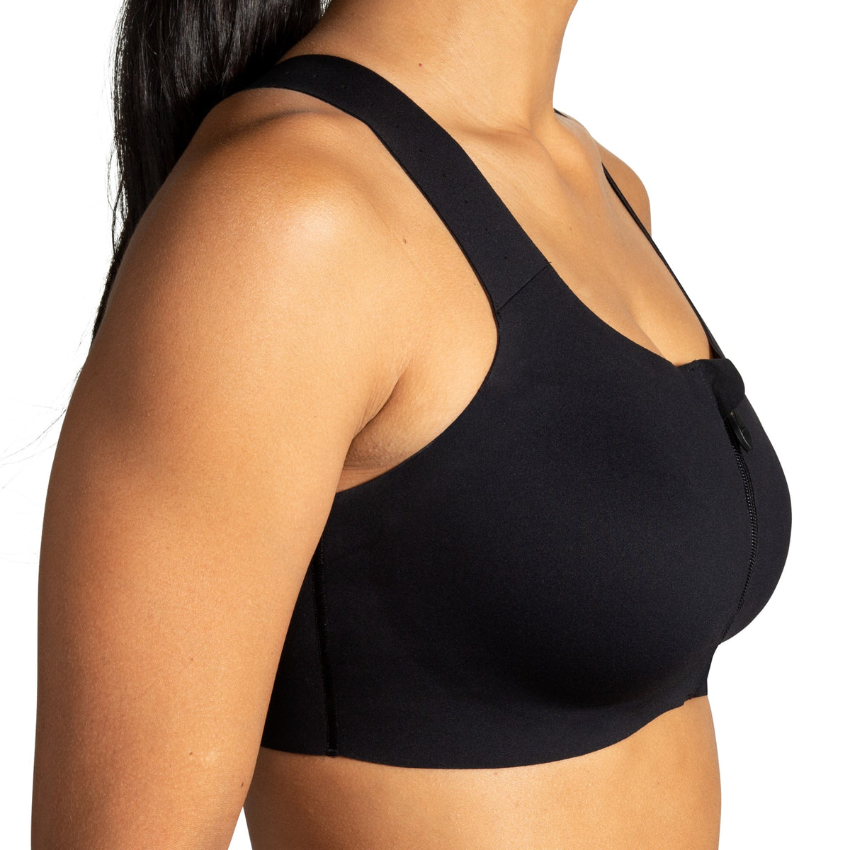 Women's Brooks Dare Zip Run 2.0. Black. Front/Lateral view.